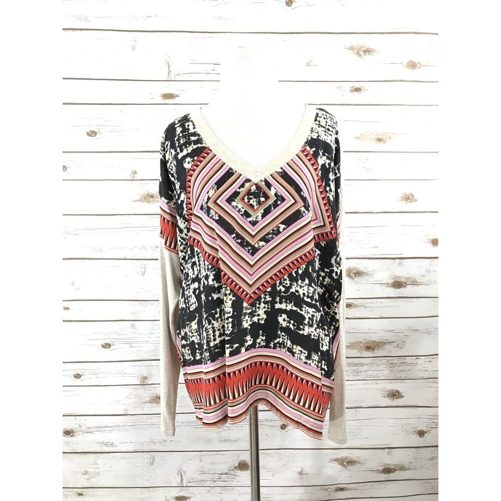 CAbi‎ Silk Scarf Aztec Print Oversize Long Sleeve V-Neck  Size M Top #768
